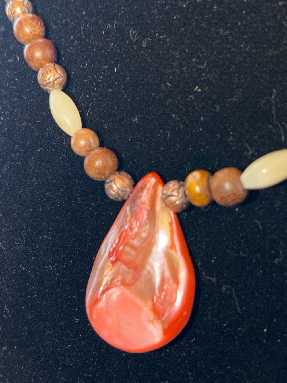 Handmade Brown and Coral Shell Pendant Necklace - Picture 2 of 8